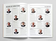 an open brochure with pictures of men in suits and ties on the page