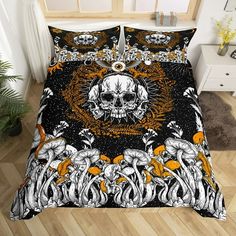 a bed with a skull and flowers on it