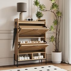 a wooden shoe rack with several pairs of shoes on it next to a potted plant