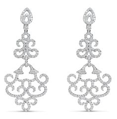 18kt White Gold Diamond Chandelier Earrings (3.75 ctw) Luxury Silver Fusion Diamond Earrings, Luxury White Gold Diamond Earrings With Intricate Design, Fine Jewelry Diamond Chandelier Earrings, Diamond Chandelier Earrings For Pierced Ears, Diamond White Diamond Chandelier Earrings, Diamond White Chandelier Earrings In Fine Jewelry Style, Exquisite Diamond Chandelier Earrings For Pierced Ears, Fine Jewelry Diamond Chandelier Earrings Round Shape, White Diamond Chandelier Earrings For Pierced Ears