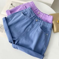 Blue Purple High Waist Denim Shorts Blue-Xl