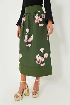 Olive and Pressed Powder Floral Olive and Pressed Powder Floral | Tuckernuck Stiff Fabric, Simple Blouse, Pressed Powder, Dinner Parties, Feminine Style, A Line, Skirt, Wardrobe, Heels