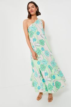 Green and Blue Floral Sabine Maxi Dress | Hyacinth House Spring One-shoulder Lined Dress, Garden Party One-shoulder Maxi Dress With Ruffles, Garden Party One Shoulder Maxi Dress With Ruffles, One-shoulder Ruffled Maxi Dress For Garden Party, One-shoulder Maxi Dress With Ruffles For Garden Party, One-shoulder Ruffle Hem Dress For Vacation, Green Floral Dress With Ruffle Hem For Spring, Spring One-shoulder Maxi Dress For Garden Party, One Shoulder Maxi Dress For Spring Garden Party