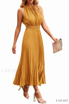 Lasaky - Jacquard Elastic Waist Sleeveless Dress Casual Maxi Dress, Dress With Split, Dress With Pleats, Midi Dress Summer, Crewneck Dress, Maxi Dresses Casual, Casual Summer Dresses, Evening Attire, Sleeveless Maxi Dress