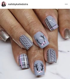 Fall Deer Nails, Deer Antler Nails, Deer Nail Designs, Antler Nails, Sweater Print Nails, Plaid Nail Ideas, Sweater Nails Designs, Grey Christmas Nails