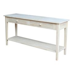 a white wooden table with two drawers on one side and an open shelf underneath it