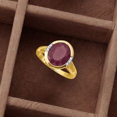 Ross-Simons - 5.00 Carat Ruby Ring Oval Cut with Diamond Accents in 14kt Yellow Gold. Size 5. Add a richness to your look with this fiery 5.00 carat oval ruby. Trios of diamond accents spark each side of the glossy 14kt yellow gold setting. 1/2" wide. Diamond-accented and ruby ring. Ruby birthstones are the perfect gift for July birthdays. Ruby Ring Designs Unique, Ruby Ring Designs, Antique Ruby Ring, Sapphire Necklace Pendants, Peridot Bracelet, Blue Topaz Bracelet, Ruby Birthstone, Ring Ruby, Ring With Diamond