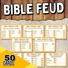 a set of 50 bible feed cards on a wooden background