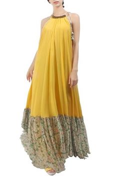 Shop for Nikasha Yellow Halter Maxi Dress for Women Online at Aza Fashions Floor-length Summer Dress With Ruffle Hem, Yellow A-line Maxi Dress With Ruffles, Yellow Maxi Dress With Ruffle Hem, Flowy Floor-length Dress With Ruffle Hem, Flowy Georgette Sleeveless Maxi Dress, Spring Georgette Maxi Dress With Ruffles, Yellow Chiffon Maxi Dress With Ruffles, Flowy Georgette Dress With Ruffles, Summer Georgette Maxi Dress With Ruffles