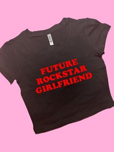 Future Rockstar Girlfriend SNUG FIT Crop Top | Cute Crop Top | Graphic Top | Gift For Her | Y2K Baby Tee | Y2K crop top | Gift for friend Comfy Top to Lounge in! Actual item may be lighter/darker than pictured. M A T E R I A L S - SNUG FIT - 100% RING SPUN COTTON - Shoulder Taping S I Z I N G - Size chart is available on our listing photos. S H I P P I N G  &  P R O D U C T I O N  T I M E - Production Time is 5 Business Days. (May be delayed during the Holiday Season) - Shipping Time is 2-6 Busi Punk Style Letter Print Crew Neck Crop Top, Edgy Cropped T-shirt For Streetwear, Edgy Fitted Cropped T-shirt, Fitted Edgy Cropped T-shirt, Summer Punk Crop Top With Letter Print, Punk Graphic Print Short Sleeve Crop Top, Edgy Summer Crop Top With Letter Print, Punk Style Graphic Print Crop Top With Short Sleeves, Edgy Letter Print Crop Top For Summer