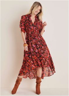 Floral High-Low Maxi - Autumn Petals – VENUS Winter Floral, Feminine Details, Floral Dress, High & Low, Heeled Boots, Dress Outfits, Chiffon