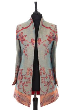 Womens longline dress jacket in dark green cashmere fabric with the Tree of Life pattern in red, orange and blue Womens Dress Coats, Cashmere Jacket, Sweater Autumn, Classic Women, Outer Wear, Collar Coat