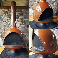 three pictures of a wood burning stove on top of a mat in front of a stone wall