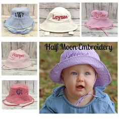 "~PERSONALIZED BABY BUCKET HATS~ Please note the new colors, styles & sizes for the solid color hats!  If you have purchased in the past these have changed.  See photos of the hat colors/styles in the listing photos. The LAYNEE hat in the main listing photo is the new style for the solid color hats). These adorable personalized bucket hats be embroidered with ANY NAME! The solid color hats have an hook and loop adjustable chin strap, while the checkered and stripe hats have a tie strap. All hats are 100% cotton and lined. These personalized sun hats are great for days at the beach, pool, or walks in the park! They make perfect baby shower, birthday or holiday gifts. NOTE...the shapes of the hats differ which you can see in the listing photos.  Please scroll through all photos to see color, Personalized Pink Summer Hat, Pink Personalized Summer Hat, Personalized Cotton Birthday Hat, Personalized White Summer Hats, Cute Adjustable Hat For First Birthday, Personalized Adjustable Brimmed Hats, Customizable Summer Hats For Birthdays, Customizable Summer Hats For Birthday, Personalized Adjustable Bucket Hat