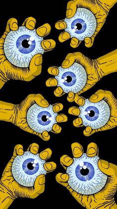 several yellow hands holding blue and white eyeballs