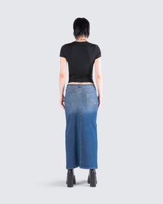 Simple, not basic 😌 Feel good and look even better in this two-piece set featuring a black jersey top paired with a blue denim maxi skirt. The perfect everyday look to dress up or down, period 🖤 Casual Dark Wash Maxi Skirt For Spring, Trendy Fitted Cotton Maxi Skirt, Casual Wide Leg Dark Wash Maxi Skirt, Casual High Waist Dark Wash Maxi Skirt, Trendy Fitted Blue Maxi Skirt, Casual Medium Wash Full-length Maxi Skirt, Casual Medium Wash Full Length Maxi Skirt, Casual High Rise Dark Wash Maxi Skirt, Dark Wash High Rise Casual Maxi Skirt