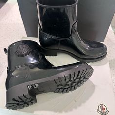 Moncler Logo Appliqu Glossed Rubber Rain Boots , Brand New , Size 37 Moncler Boots, Fur Snow Boots, Leather Snow Boots, Moncler Logo, Rain Boots Women, Moncler Women, Black Puffer, Leather Chelsea Boots, Boot Brands