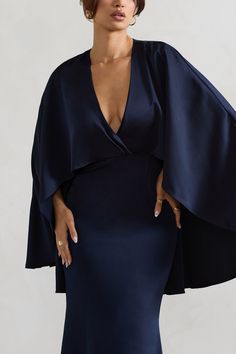 Yasie Navy Satin Plunge-Neck Maxi Dress With Cape Sleeves – Club L London - USA Elegant Blue V-neck Dress For Evening, Sleek V-neck Maxi Dress For Wedding, Sleek Satin Midi Dress With V-neck, Chic V-neck Satin Dress For Gala, Chic V-neck Satin Dress For Dinner, Sleek V-neck Satin Dress For Formal Occasions, Sleek Satin V-neck Dress For Formal Occasions, Sleek Satin V-neck Dress For Formal Events, Formal V-neck Midi Dress With Satin Finish