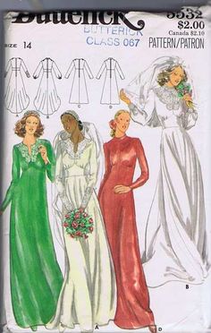 three women's gowns, one in green and the other in red with long sleeves