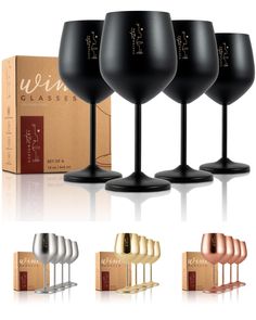 four wine glasses are shown in different colors and sizes, with the box behind them