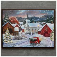 a painting of a christmas scene with a red truck in the foreground and a church on the other side