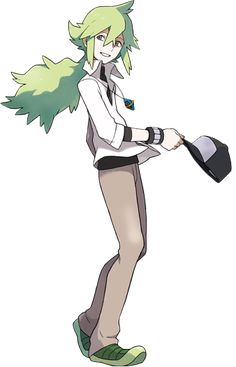 an anime character with green hair and black shoes