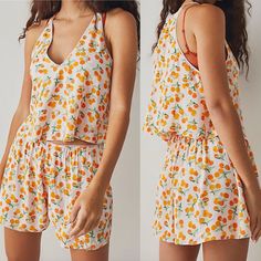 Free People Worth It Fruit Print Short Pajamas, Size Small New Without Tag, Retail $98 A Sunny Citrus Print Draws The Eye To This Relaxed And Lightweight Free People Pajama Set, Which Is Detailed With Sweet And Subtle Lace Trim At The Neckline And Waist. Fabric: Lightweight Non-Stretch Crepe Orange Print And Lace Trim V Neckline Covered Elastic Waistband Shell: 100% Rayon Hand Wash Imported Style #Freep45926 Ps. It Will Come Wrinkly Due To Fabric. Tag String Is Attached Spring Lounging V-neck Sets, Spring Lounging Sets With V-neck, Summer Floral Print Sleepwear For Pajama Party, Summer Floral Sleepwear For Pajama Party, Floral Print Summer Sleepwear For Loungewear, Summer Floral Print Sleepwear For Loungewear, Summer Floral Print Loungewear Sleepwear, Floral Print Sleepwear For Summer Loungewear, Orange Sleepwear For Spring Sleepover