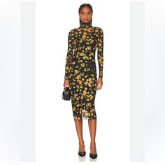 -Knit Floral Print Midi Dress -Turtleneck, Long Sleeves -94% Polyester, 6% Elastane -Imported - Built In Slip Dress Underneath Spring Bodycon Turtleneck Midi Dress, Fitted Turtleneck Midi Dress For Party, Spring Evening Turtleneck Midi Dress, Yellow Midi Dress For Fall Evening Events, Yellow Floral Print Midi Dress For Fall, Yellow Bodycon Dress For Fall, Yellow Stretch Midi Dress With Long Sleeves, Yellow Stretch Long Sleeve Midi Dress, Yellow Long Sleeve Stretch Midi Dress