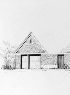 a black and white drawing of a brick building with two garages on the side