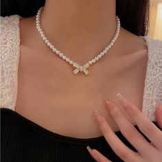 Super Cute And Stylish Ships In 5-10 Business Days Rose Bead Necklace, Beaded Rhinestone Necklace For Gift, Elegant Pearl Rhinestone Necklace, Pearl Rhinestone Necklace For Party, Party Pearl Rhinestone Necklace, Pearl Bow Necklace, Pearl Necklace Outfit, Coquette Diy, Thrift Board