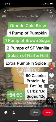 an iphone screen with texting on it that reads, grandma cold brew 1 pump of pumpkin syrup 2 pumps of brown sugar 3 splash of half extra pumpkin spice