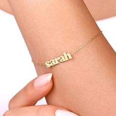 14K Gold Personalised Name Bracelet, Name Bracelet, Solid Gold Personalised Name Bracelet, Custom Name Bracelet, Gold Name Bracelet We can write anything , pendant can be personalized with.. SARAH      HEIGHT : 0.260    WIDTH : 0.872 * Your children or your soul mate name..  * Coordinates of your meaningful places * Special dates , short phrases * Inspirational text..  * Initials of yourself and loves ones * Roman numerals.... the ideas are endless! * We can stamp letters, numbers?, !, @, #, & symbols. Name Bracelet Gold, Gold Name Bracelet, Short Phrases, Bracelet Name, Numbers Symbols, Armband Gold, Inspirational Text, Bridal Gold Jewellery Designs, Soul Mate