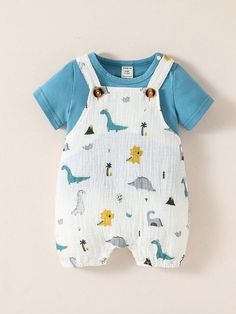 Baby Boy Button Detail Tee & Dinosaur Print Overall Romper Set Blue and White     Cartoon  Slight Stretch  Newborn Baby Clothing, size features are:Bust: ,Length: ,Sleeve Length: Overall Romper, Mono Print, Baby Boy Summer, Cartoon Dinosaur, Shorts Casual, Baby Set, Baby Outfits Newborn, Summer Boy, Baby One Piece