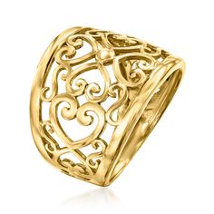 Ross-Simons - 18kt Gold Over Sterling Filigree Heart Ring Size 8. For fans of understated elegance, we have just the ring. Beautifully handcrafted in 18kt yellow gold over sterling silver, it features an intricate heart motif with delicate openwork filigree designs. 5/8" wide. Filigree heart ring. Yellow Gold Filigree Jewelry For Valentine's Day, Valentine's Day Yellow Gold Jewelry With Intricate Design, Ornate Yellow Gold Filigree Ring For Anniversary, Elegant 14k Gold Heart Ring With Polished Finish, Elegant Heart Ring In Yellow Gold With Polished Finish, Elegant Yellow Gold Heart Ring With Polished Finish, Classic Gold Filigree Ring With Intricate Design, Classic Sterling Silver Heart Ring In Yellow Gold, Yellow Gold Filigree Jewelry Ring