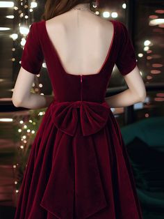 Wine Red Velvet Tea Length Short Sleeves Party Dress, Short Bridesmaid Dress Prom Dress With Bow, Velvet Dress Short, Wine Red Dress, Short Red Prom Dresses, Bow Party, Purple Evening Dress, Velvet Short, Velvet Party Dress, Red Velvet Dress