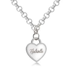 "Cubic Zirconia Heart Name Necklace - A cubic zirconia heart name necklace can be a thoughtful and cherished gift for a loved one or a special addition to your own jewelry collection. It allows you to carry a meaningful name or message close to your heart while also adding a touch of elegance with the cubic zirconia stones. MATERIALS * Material: High-Quality 925 Sterling Silver * Chain style: ROLO  * Handmade item SIZES * Pendant size: 20x23mm * Chain Length: 14\" / 16\" / 18\" / 20\" / 22\" *Ea Personalized Heart Necklace Cubic Zirconia For Valentine's Day, Personalized Double Heart Cubic Zirconia Necklace, Silver Nameplate Necklace With Charms, Personalized Silver Heart Cut Necklace, Personalized White Heart Cut Necklace, Elegant Valentine's Day Name Necklace With Charms, Personalized Heart Pendant Jewelry In Cubic Zirconia, Personalized Cubic Zirconia Heart Pendant Jewelry, Personalized Heart Necklace In Cubic Zirconia For Wedding