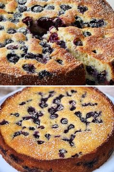 blueberry cheesecake with powdered sugar on top, and another photo showing the cake