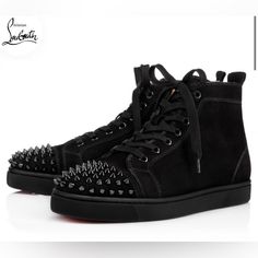 Authentic Designer Christian Louboutin Men’s Suede Black High-Top Sneakers; Never Worn; Made In Europe; Lou Spikes Black Leather Sneakers With Spikes, Luxury Black Custom Sneakers With Studded Outsoles, Black Leather Sneakers With Studs, Luxury Suede High-top Sneakers With Round Toe, Black Suede Sneakers With Red Sole, Black High-top Sneakers With Spikes And Round Toe, Luxury Black High-top Custom Sneakers, Black High-top Sneakers With Spikes, Black Spiked High-top Sneakers