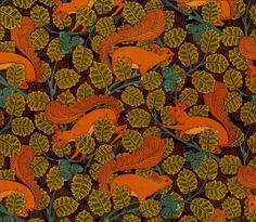 an orange and green pattern with squirrels on leaves in the foreground, against a dark brown background