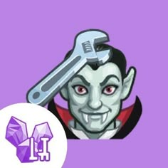 an image of a cartoon character with a wrench on his head and purple background