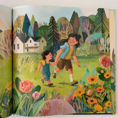 an open children's book with illustrations of kids playing in the grass and flowers