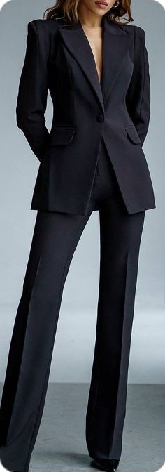 Black Office Lady Pantsuit, Black Professional Pantsuit For Office, Black Office Pantsuit, Fitted Black Pantsuit For Office, Black Fitted Pantsuit For Office, Black Suit Trousers For Office, Black Business Casual Suits, Black Semi-formal Professional Pantsuit, Black Professional Semi-formal Pantsuit