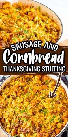 sausage and cornbread thanksgiving stuffing in a casserole dish with text overlay