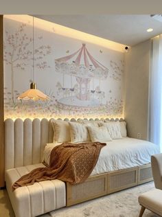 a bedroom with a bed, chair and wall mural