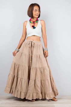 Cotton gauze skirt for women.  Long soft flowing skirt by Nuichan Mamma Mia Skirt, Brown Skirt Long, Long Summer Skirt, Cotton Maxi Skirt, Brown Flares, Gauze Skirt, Skirt Tiered, Long Skirt Summer, Gauze Skirts