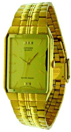 NEW Old Stock Rare Men's CITIZEN Quartz Square / Rectangular Watch , Yellow Dial, Gold Tone Stainless Steel Band & Case, Analog, Water Resistant. This watch comes with NEW Battery and a jewelry box. However it doesn't has a original Citizen box. Description: Model: 1032-R86315-WL Water Resistant. Quartz. Movement #: 1032. Battery : SR621/364 Yellow Dial with Hour marks.  100% Authentic. Regular Timekeeping. Double Lock. Adjustable Buckle.  Gold tone Stainless Steel Band. Analog: 3 Hands (Hour, Minute, Second). Size of case: 37 mm Long. 25.5 mm Wide (including Crown).  6.3 mm Thick  Total Weight: 63.8 Grams. Actual picture Please see pictures for condition and description as they are pictures. Expedited Shipping Available Upon Request & For Additional Fees. We are a family owned jewelry sto Gold Rectangular Watch With Analog Display, Gold Rectangular Analog Watch Accessories, Rectangular Watch, Double Lock, Stainless Steel Band, Quartz Movement, Wrist Watch, Jewelry Box, Gold Tones