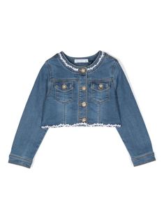 indigo blue cotton blend washed denim lace trim crew neck long sleeves buttoned cuffs two chest flap pockets unlined straight hem cropped front button fastening Long Sleeve Cotton Outerwear With Lace Trim, Cotton Long Sleeve Outerwear With Lace Trim, Girls Denim Jacket, Dress With Jean Jacket, Baby Boy Accessories, Dolce And Gabbana Kids, Denim And Lace, Girls Denim, Washed Denim