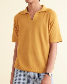 Boxy Polo - Mustard Retro Knit Polo Sweater With Ribbed Collar, Retro Cotton Polo Shirt With Johnny Collar, Retro Short Sleeve Cotton Polo Sweater, Retro Relaxed Fit Polo Collar Top, Retro Top With Relaxed Fit And Polo Collar, Retro Relaxed Fit Top With Polo Collar, Retro Relaxed Fit Polo Shirt With Polo Collar, Retro Polo Shirt With Relaxed Fit, Vintage Cotton Polo Sweater With Ribbed Collar