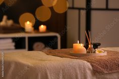 Stock Image: Burning candles and aromatic reed freshener on table in spa salon, space for text Indian Spa, Massage Images, Body Massage Spa, Massage Pictures, Spa Room Decor, Massage Center, Getting A Massage, Thai Massage, Best Spa