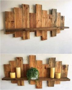 two wooden shelves with candles on them, one is made out of pallet wood